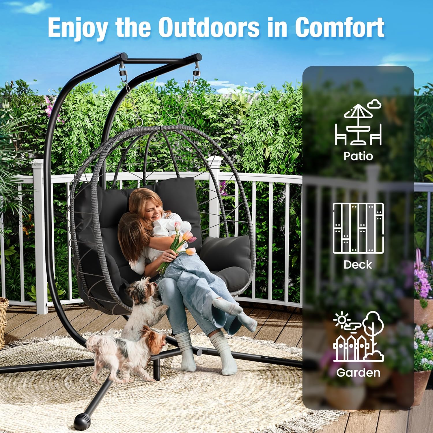 Double Egg Chair with Stand Rattan Swing Seat Grey