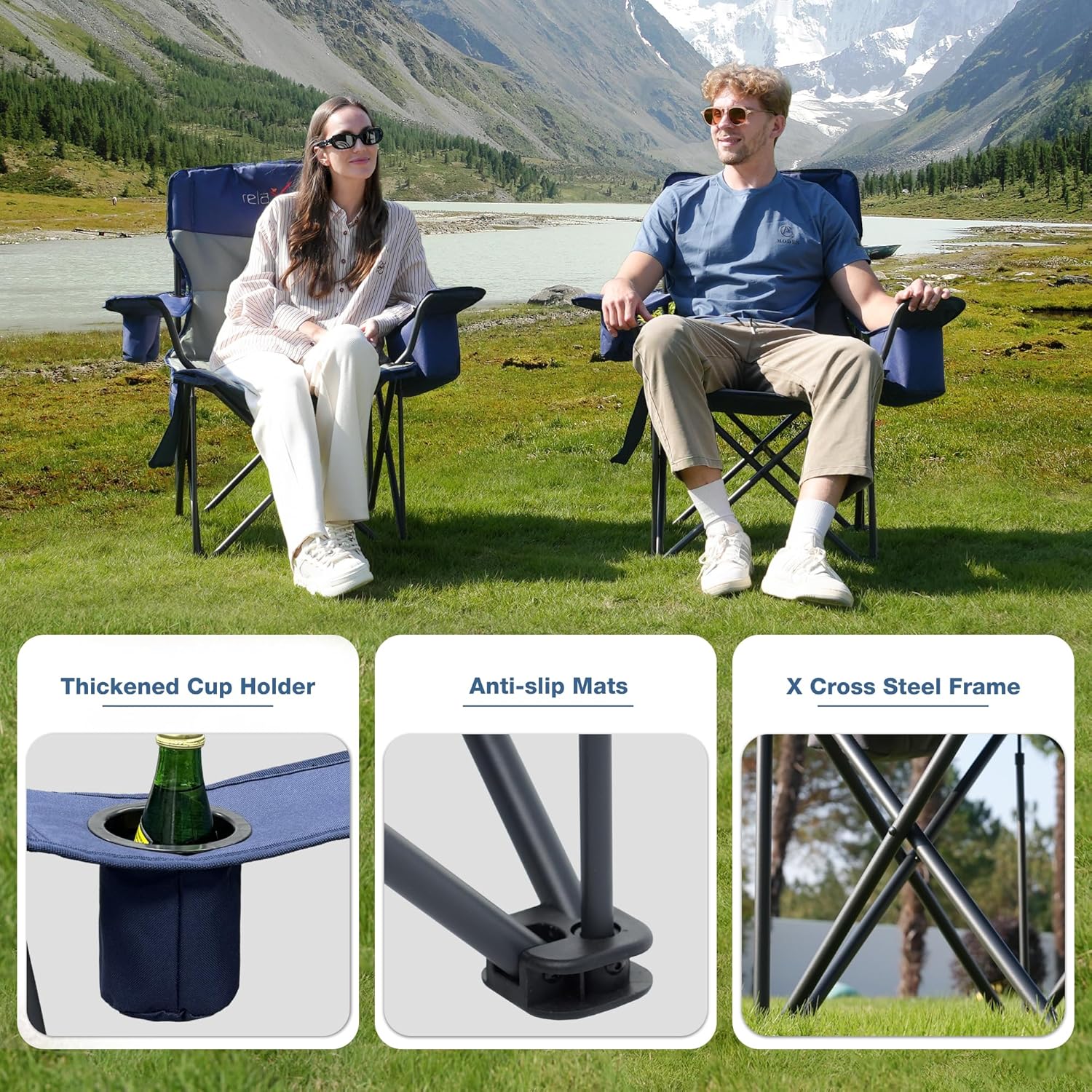 Set of 2 Oversized Camping Chairs Heavy Duty 200KG Blue