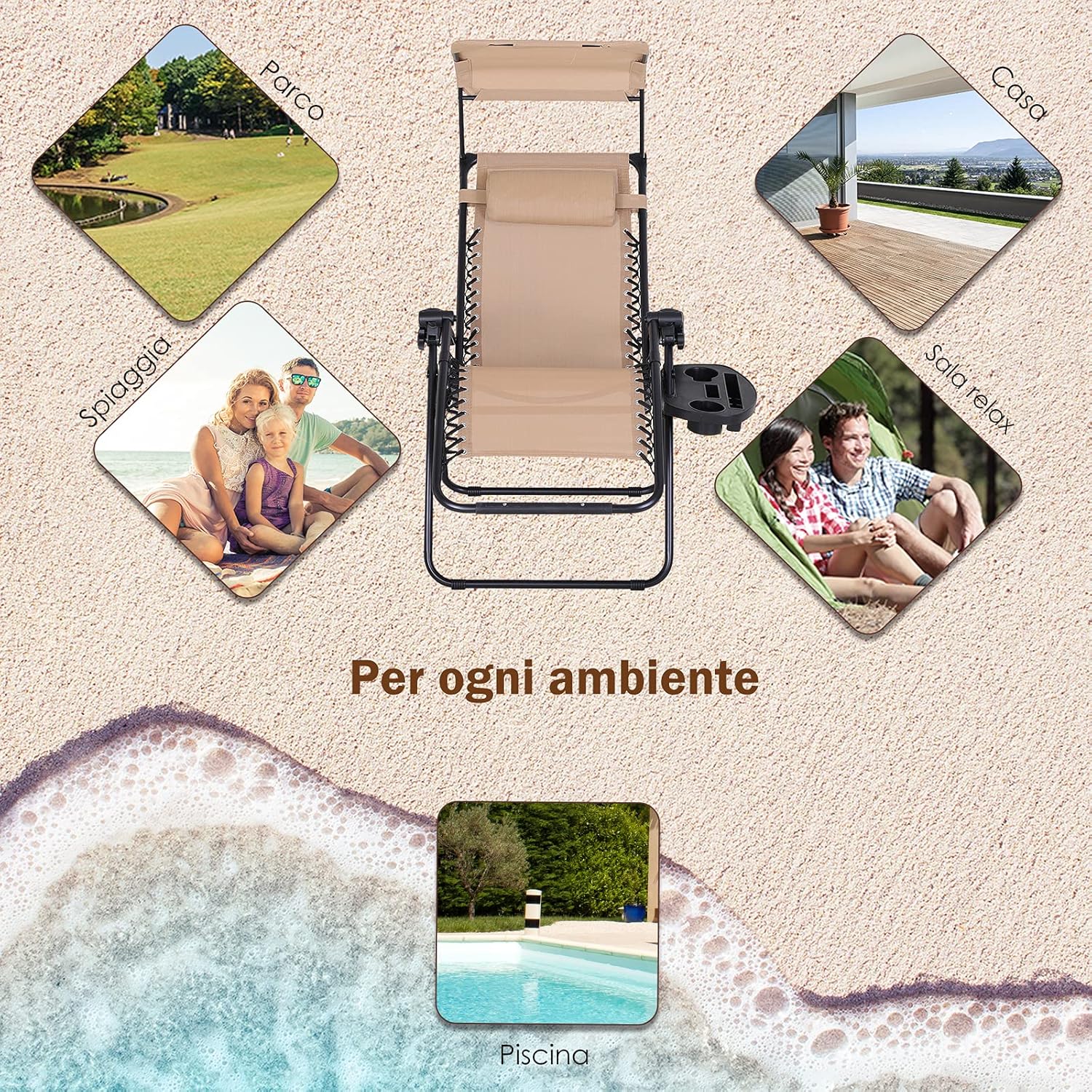 Zero Gravity Sun Lounger Chair Foldable with Canopy Beige