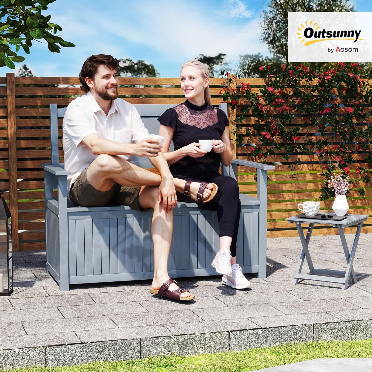 2 Seater Wooden Garden Storage Bench 164L Outdoor Patio Seat w/Backrest