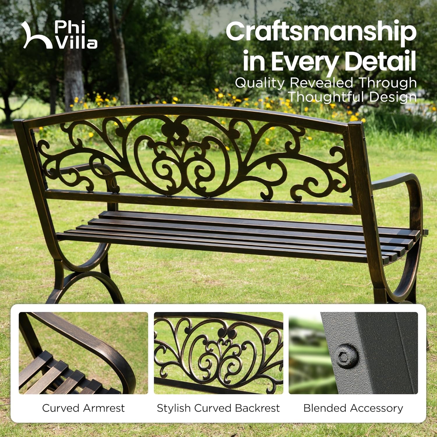 Bronze Metal Garden Bench 2–3 Seater Floral Backrest Patio Seat