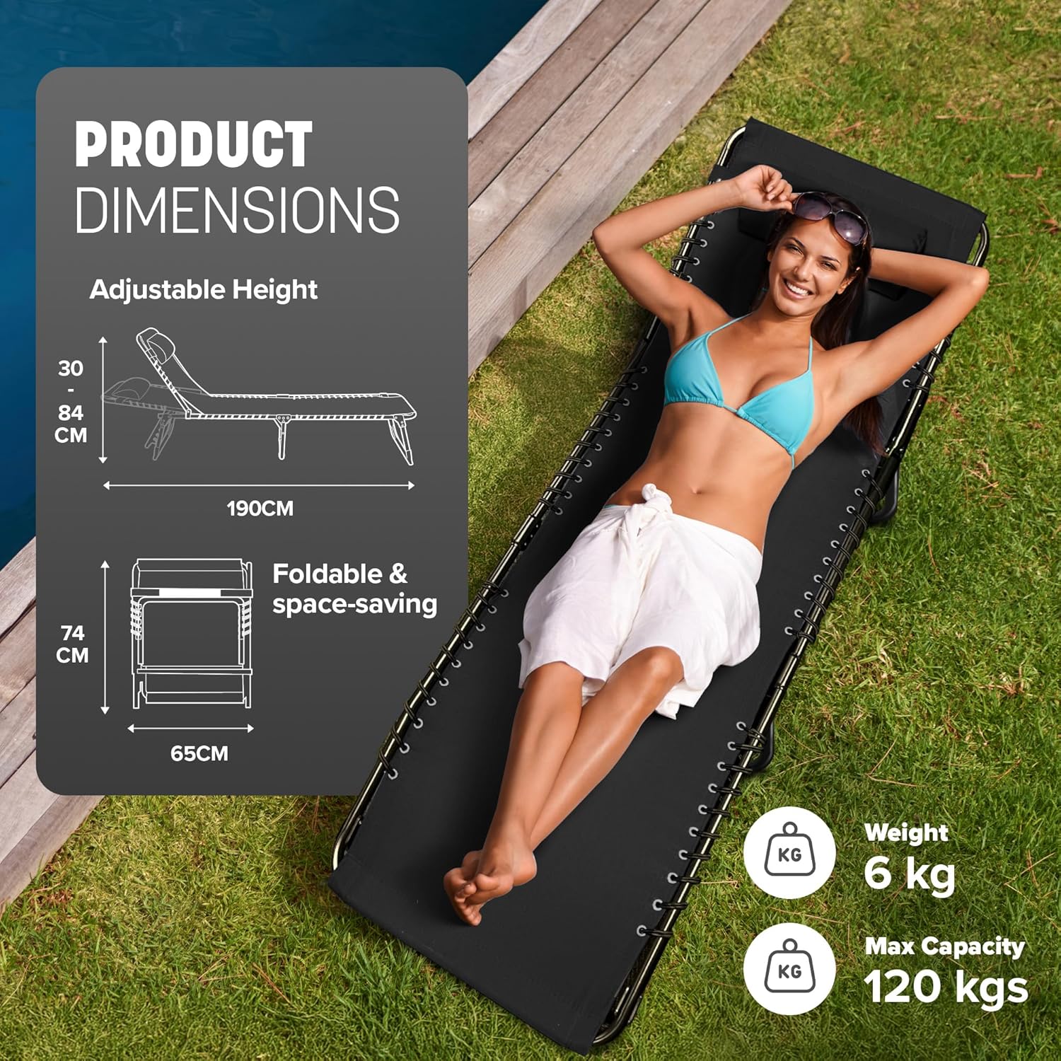Foldable Recliner Sun Lounger Charcoal Black Lightweight