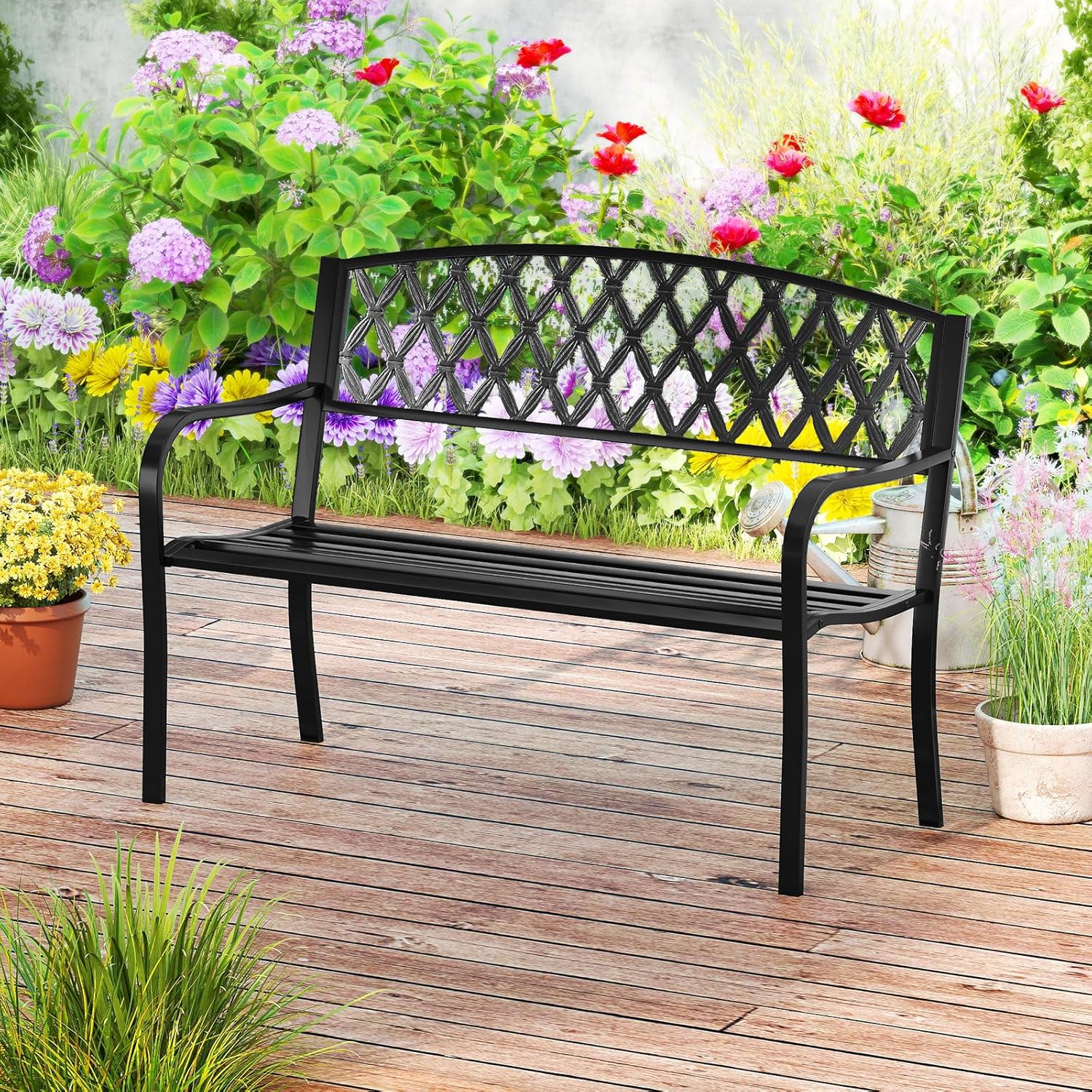 Metal Garden Bench 2-3 Seater Diamond Back Patio Seat