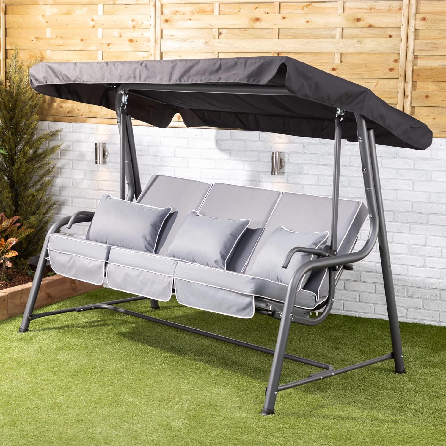 3 Seater Reclining Garden Swing Bed Grey Canopy Cushions 250kg