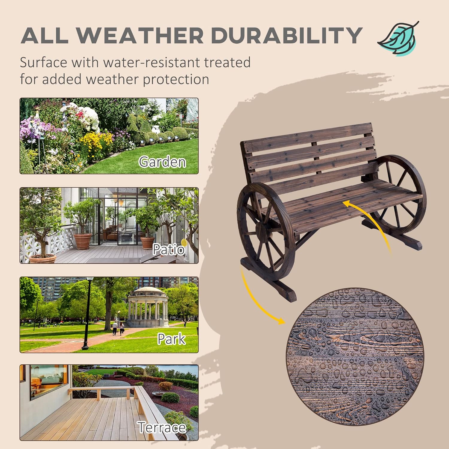 Rustic Wooden Garden Bench 2 Seater Wagon Wheel Armrest Patio Seat