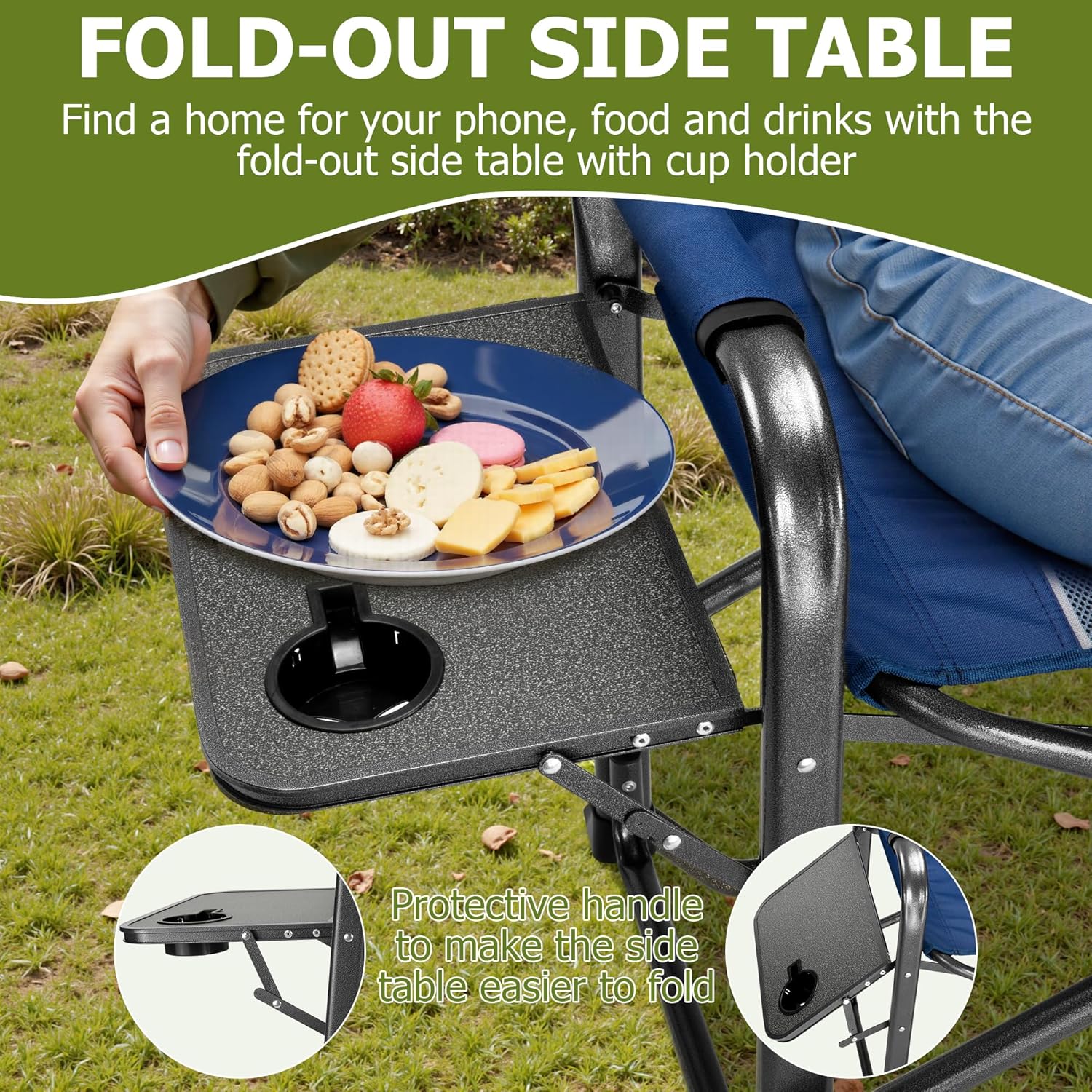 Oversized Folding Camping Chair with Cooler Side Table 400LB Blue