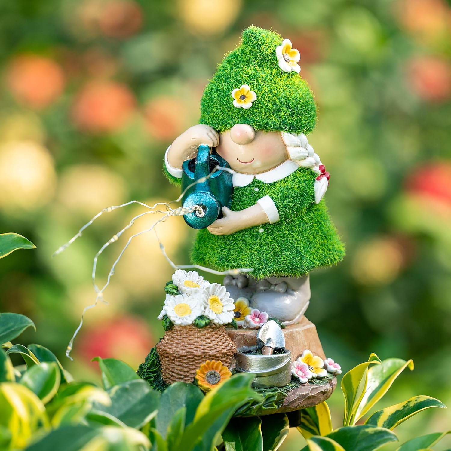 Solar Garden Gnome Watering Statue LED Outdoor Decor Resin