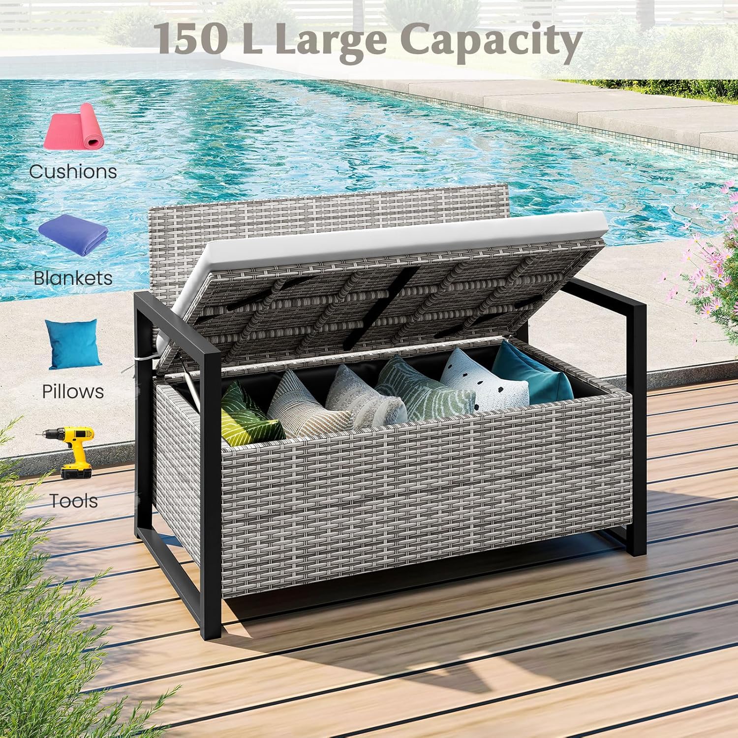 Rattan Garden Storage Bench 2 Seater Deck Box with Cushion