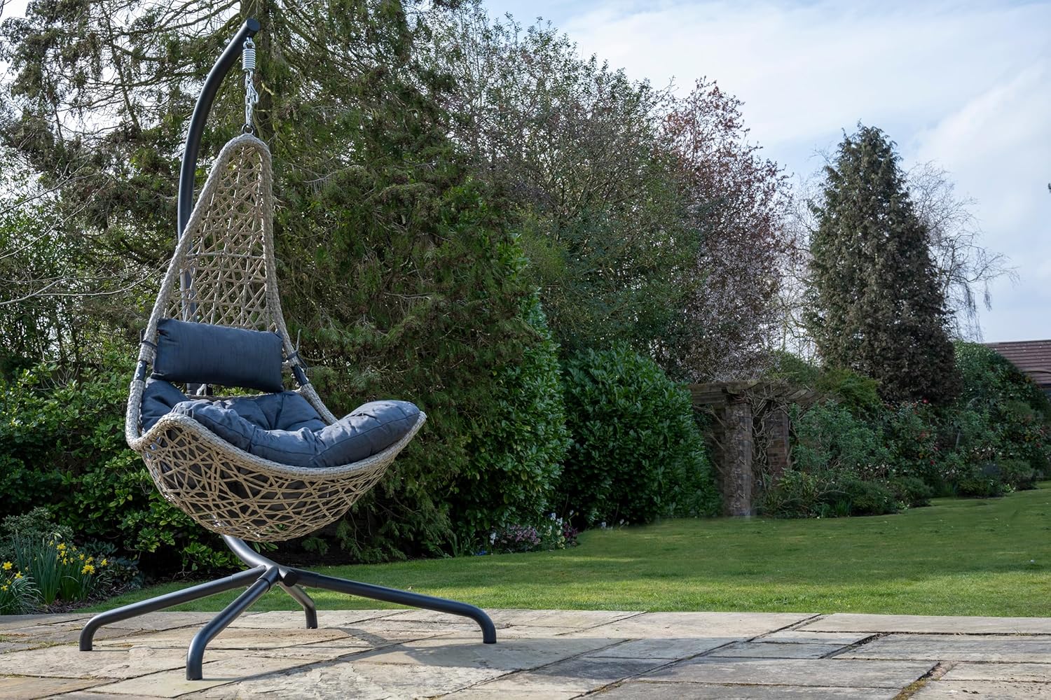 Hanging Swing Chair Grey Rattan Stand Cushion Set