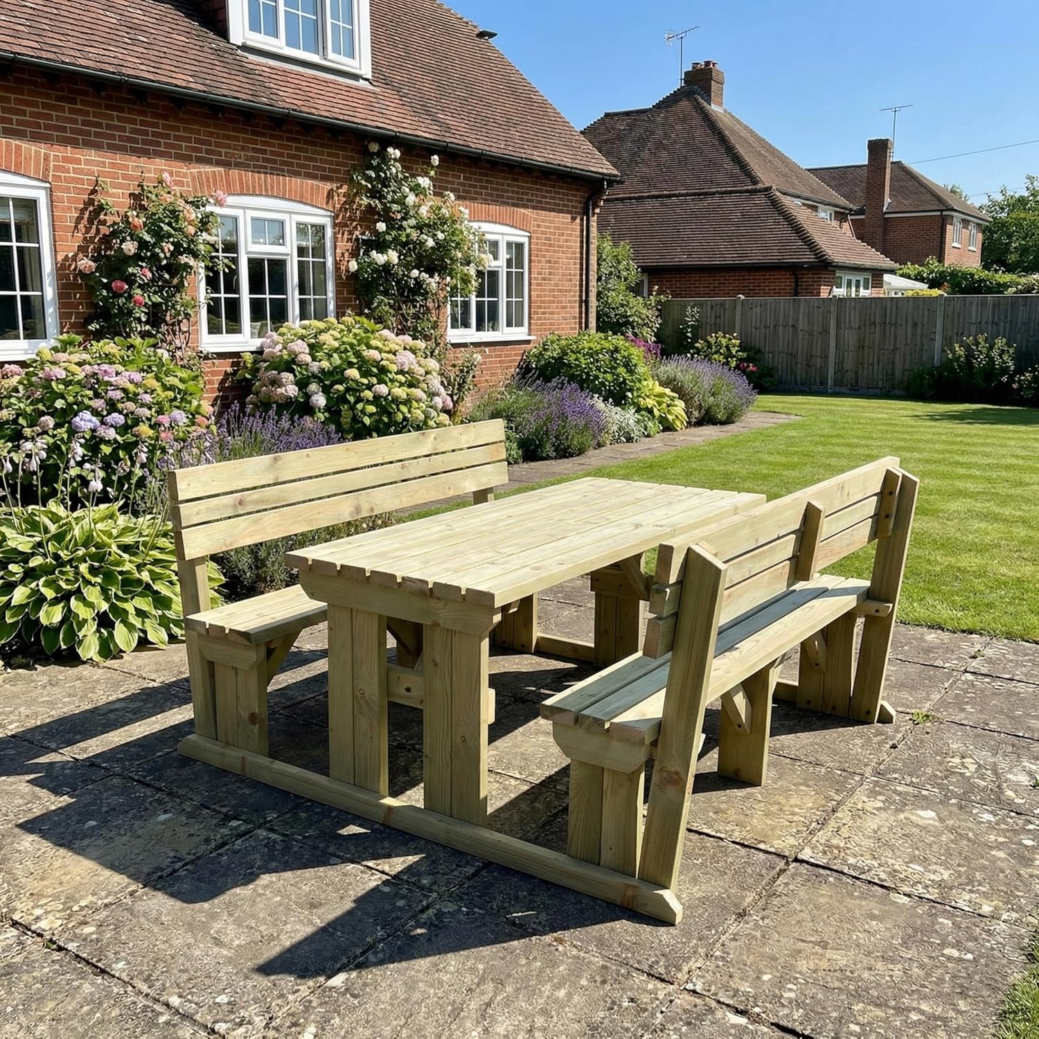12 Seater Wooden Picnic Table Bench Set w/Backrest Garden Dining