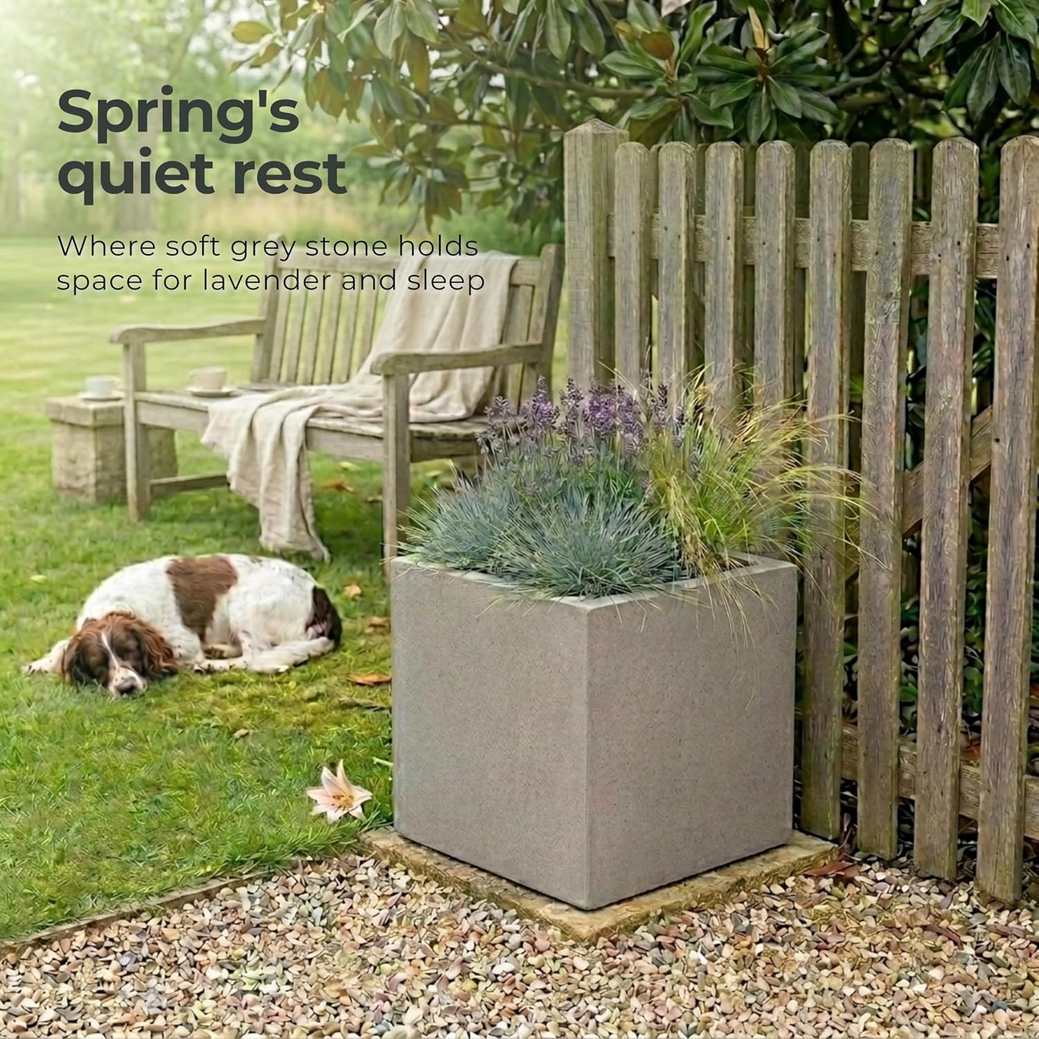 40cm Square Planter Grey Stone Effect Garden Pot Drainage