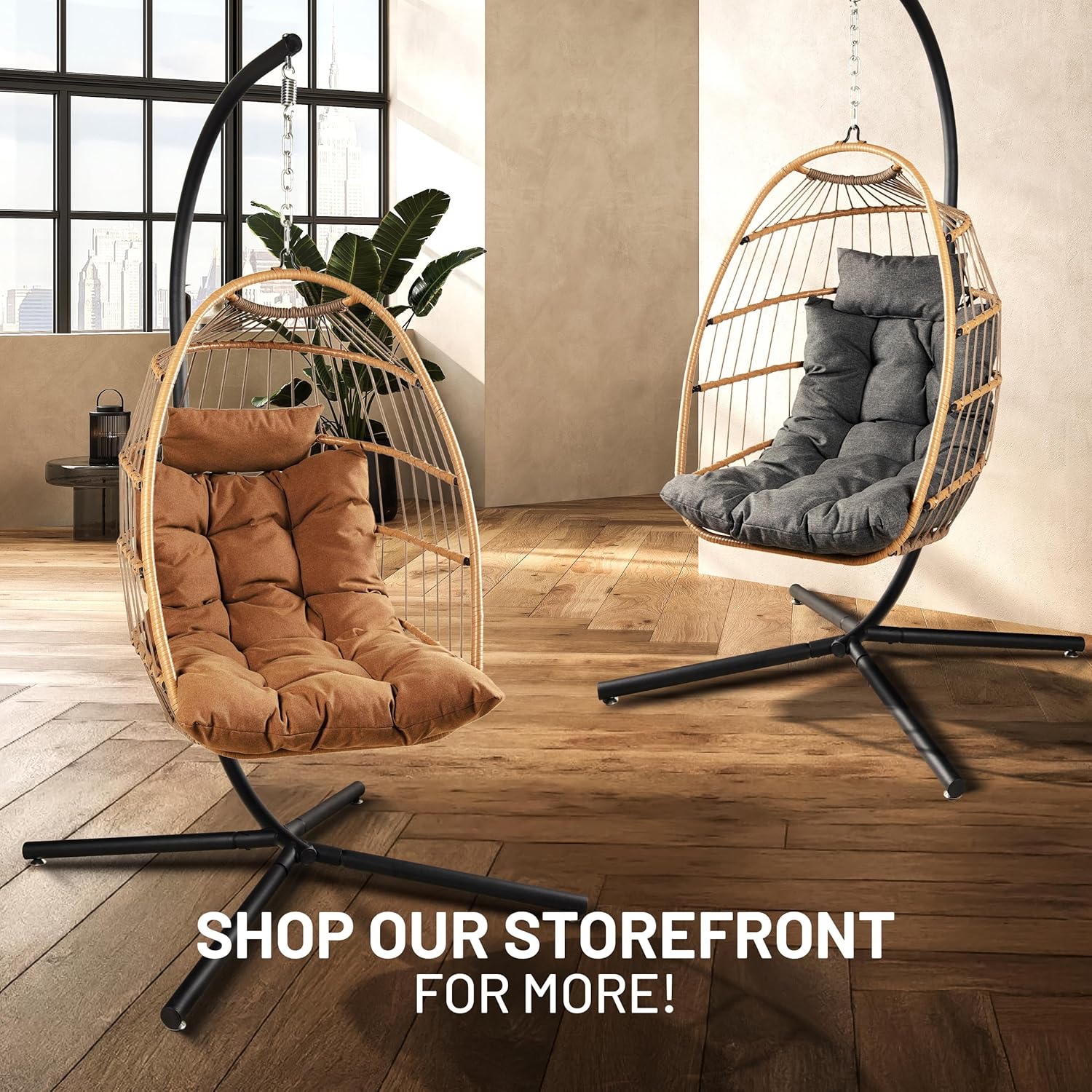 Foldable Rattan Egg Chair with Stand Cushion Brown