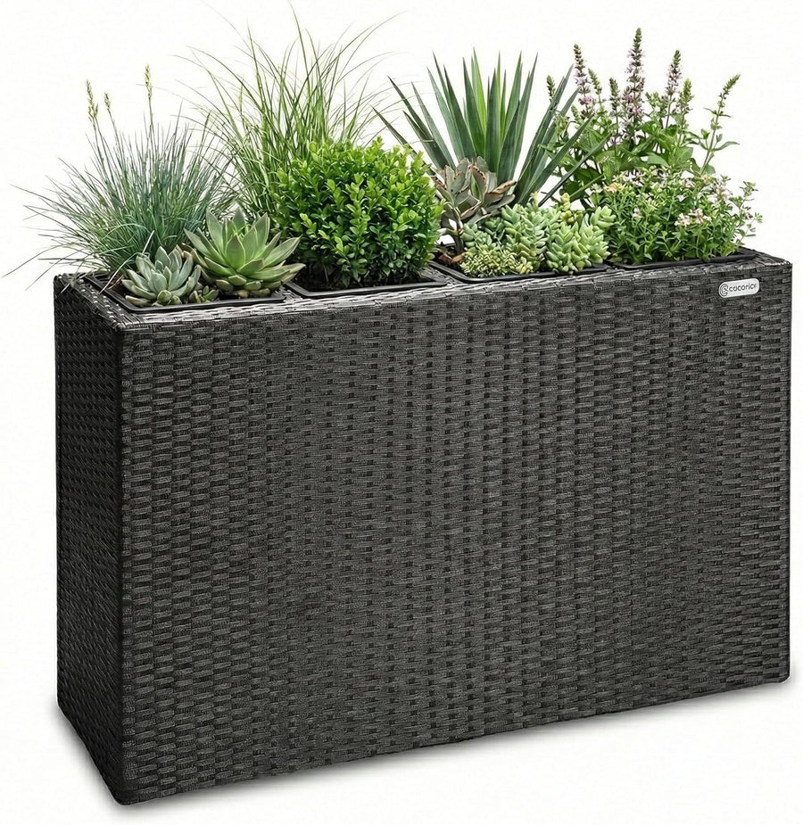 Large Tall Rattan Planter Box 95cm Brown with 4 Pots
