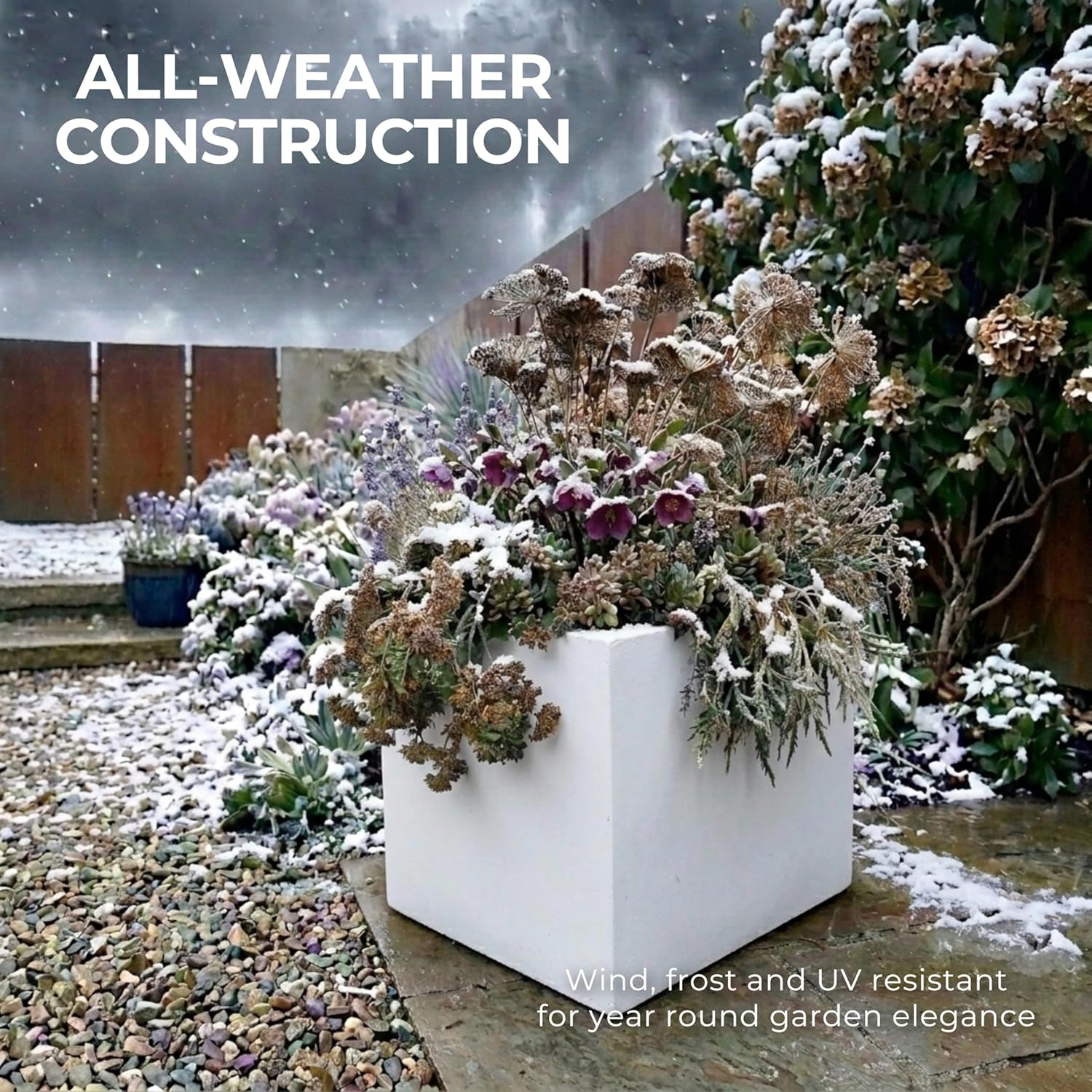 40cm White Square Planter Stone Effect Garden Pot Drainage
