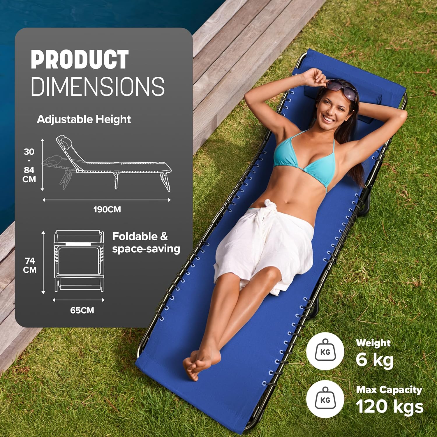 Foldable Recliner Sun Lounger Deep Navy Lightweight