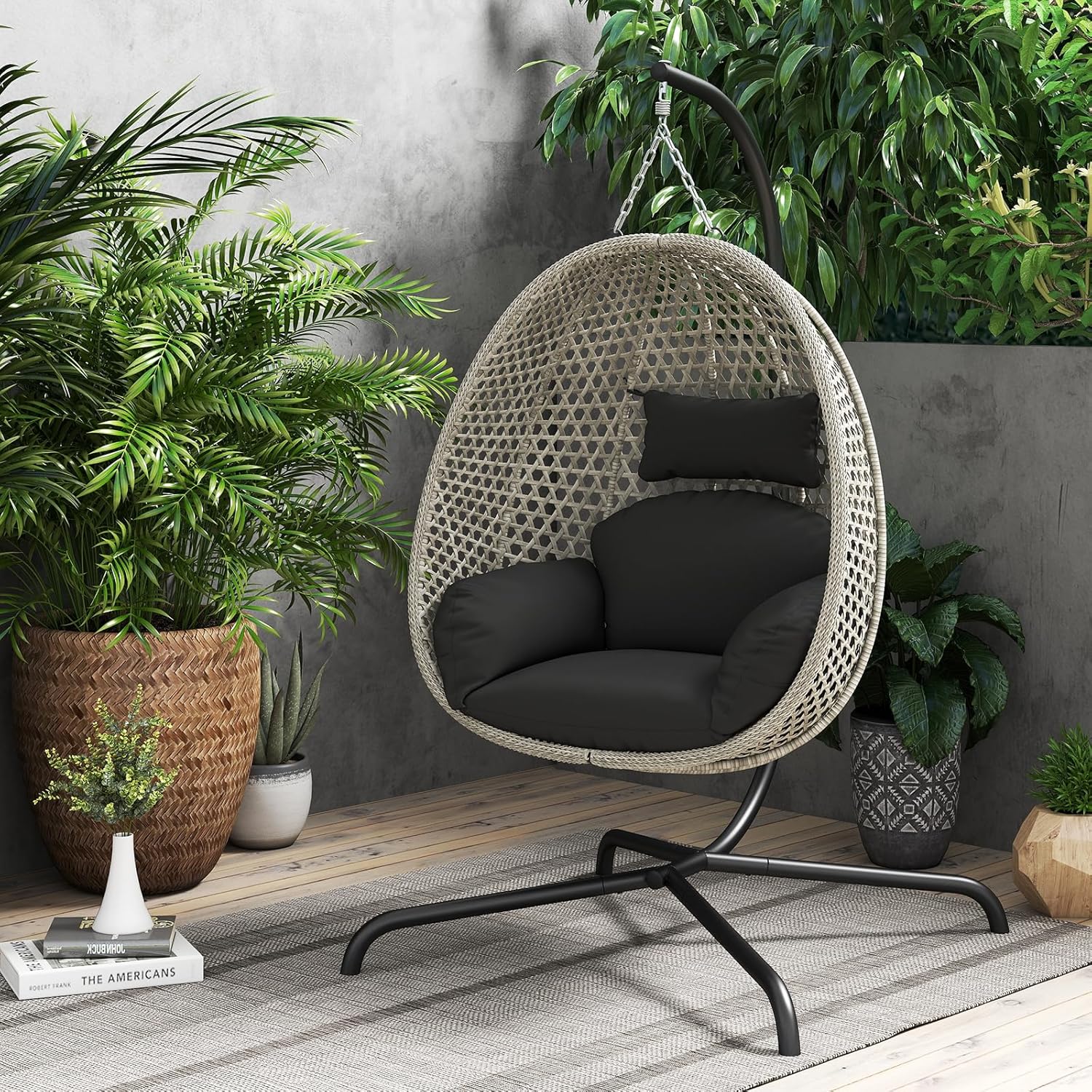 Swing Egg Chair with Stand Cushion Head Pillow Black