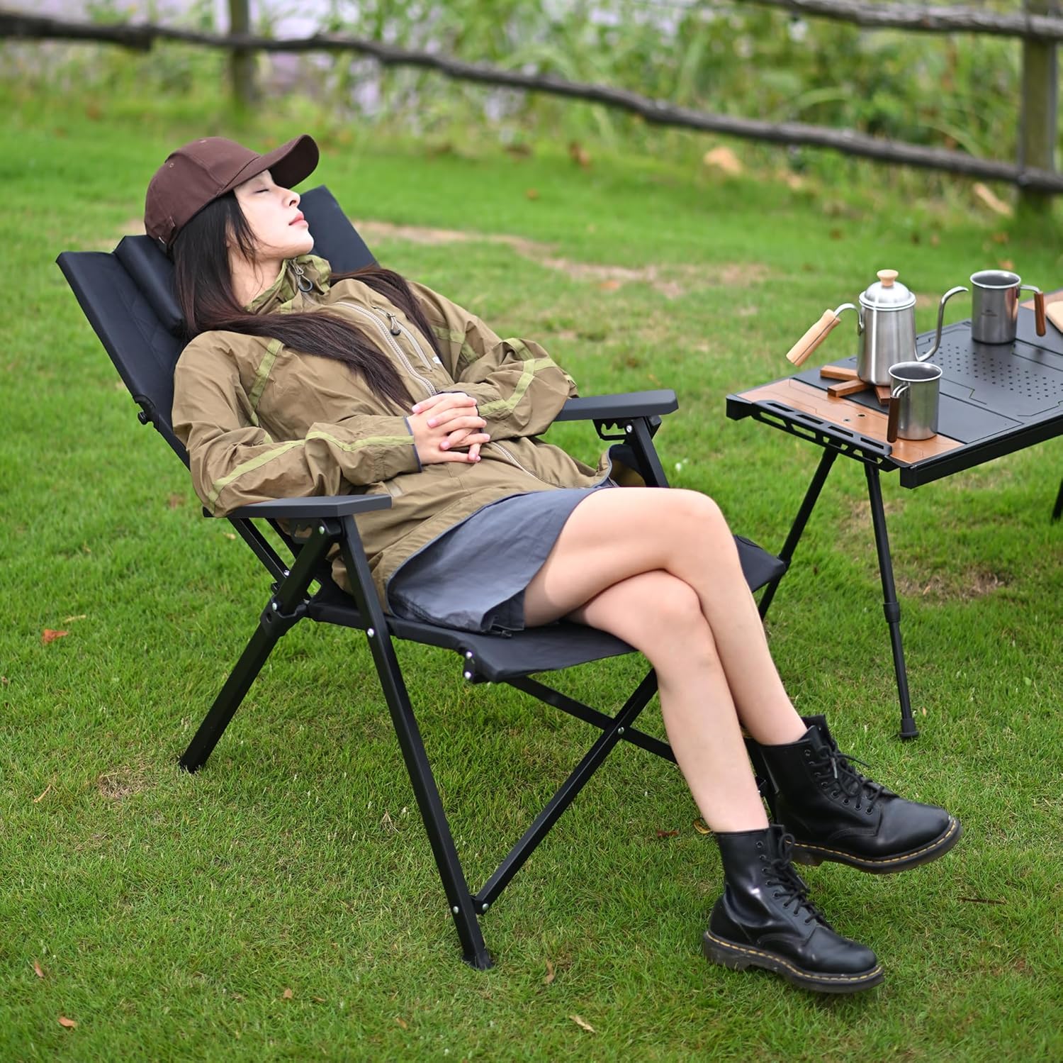 High Back Reclining Camping Chair 4 Position Khaki