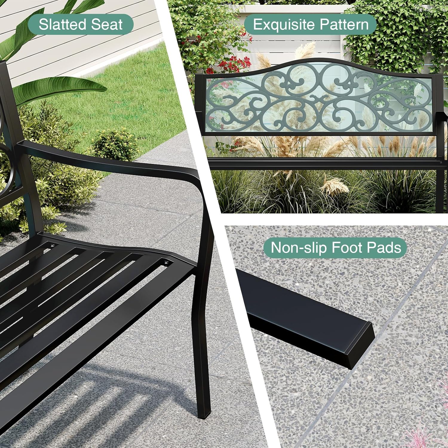 Metal Garden Bench 2-3 Seater Scroll Back Patio Seat Black