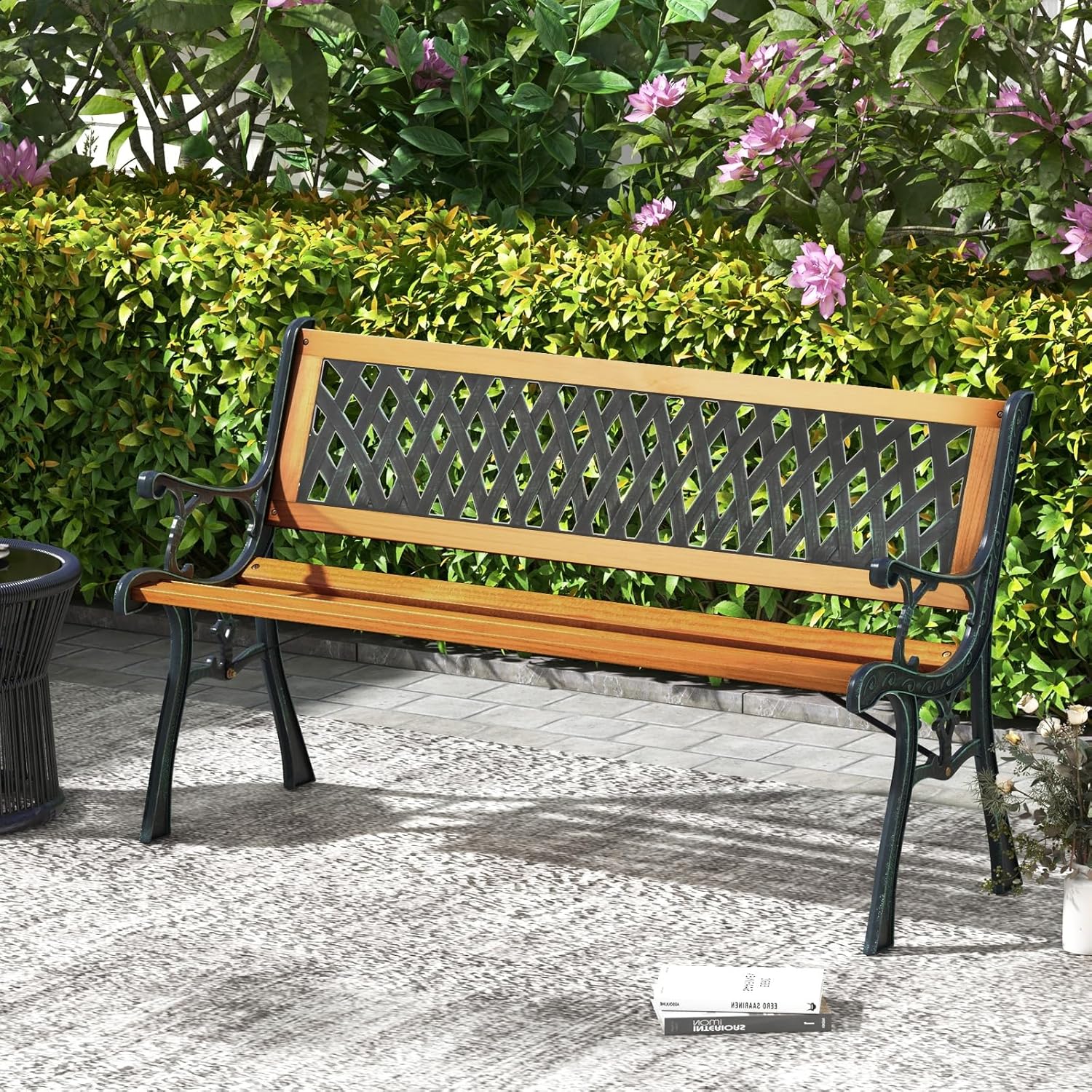 3 Seater Wooden Garden Bench Metal Frame Patio Park Seat