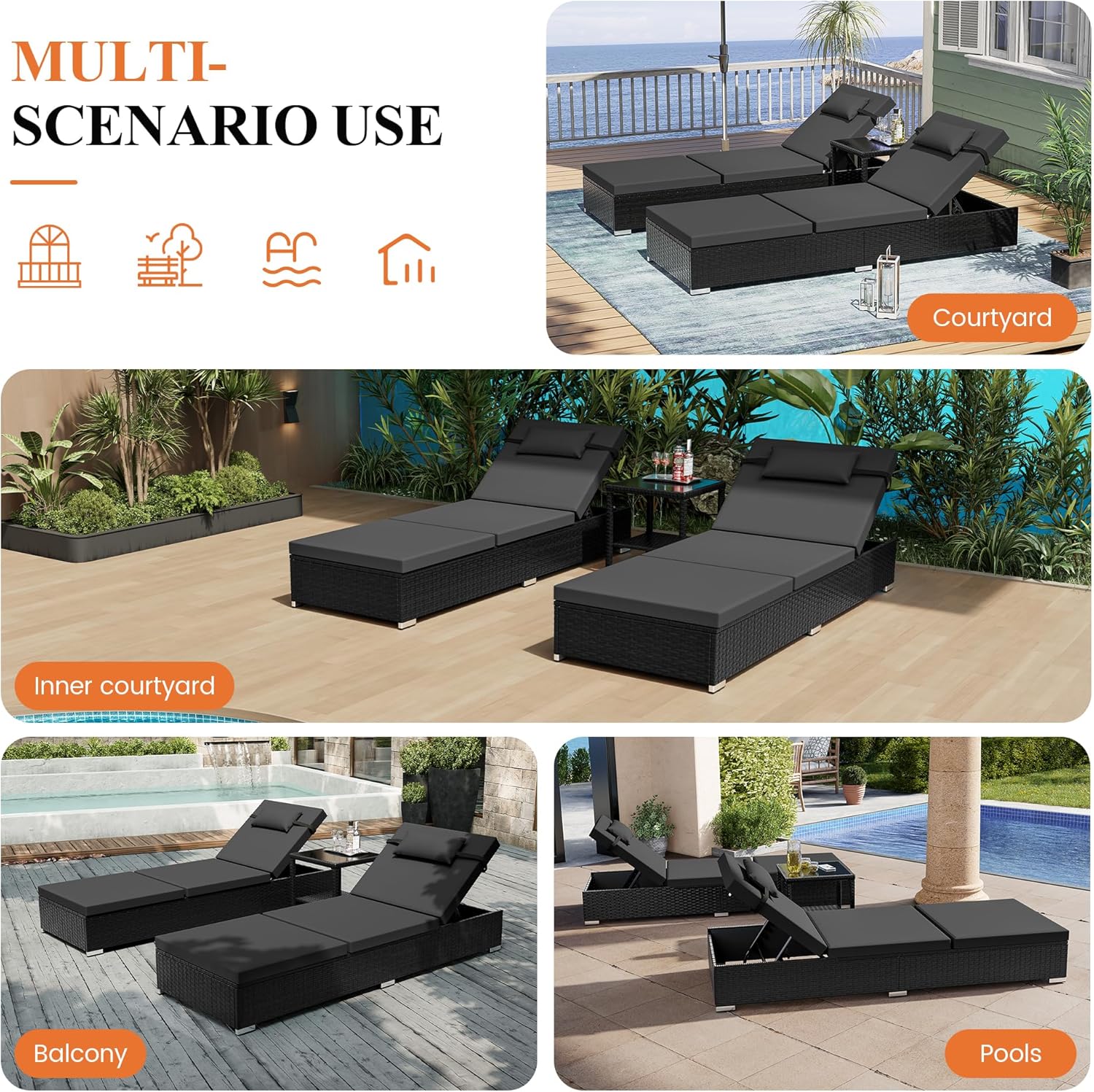 3 Piece Rattan Sun Lounger Set with Table Black Grey