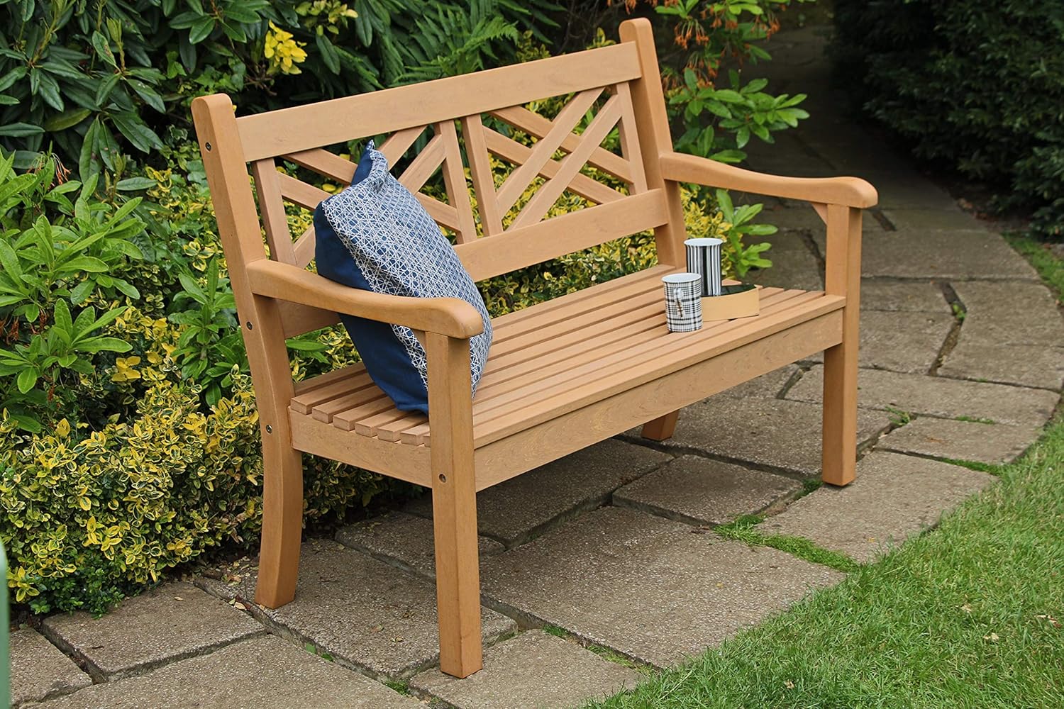 2 Seater Polymer Garden Bench Wood Effect Weatherproof Patio