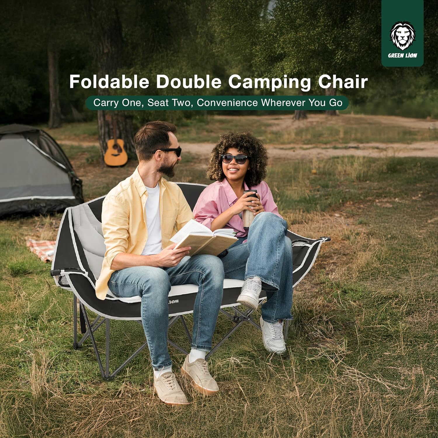 Portable Double Camping Chair Folding Loveseat Grey Black