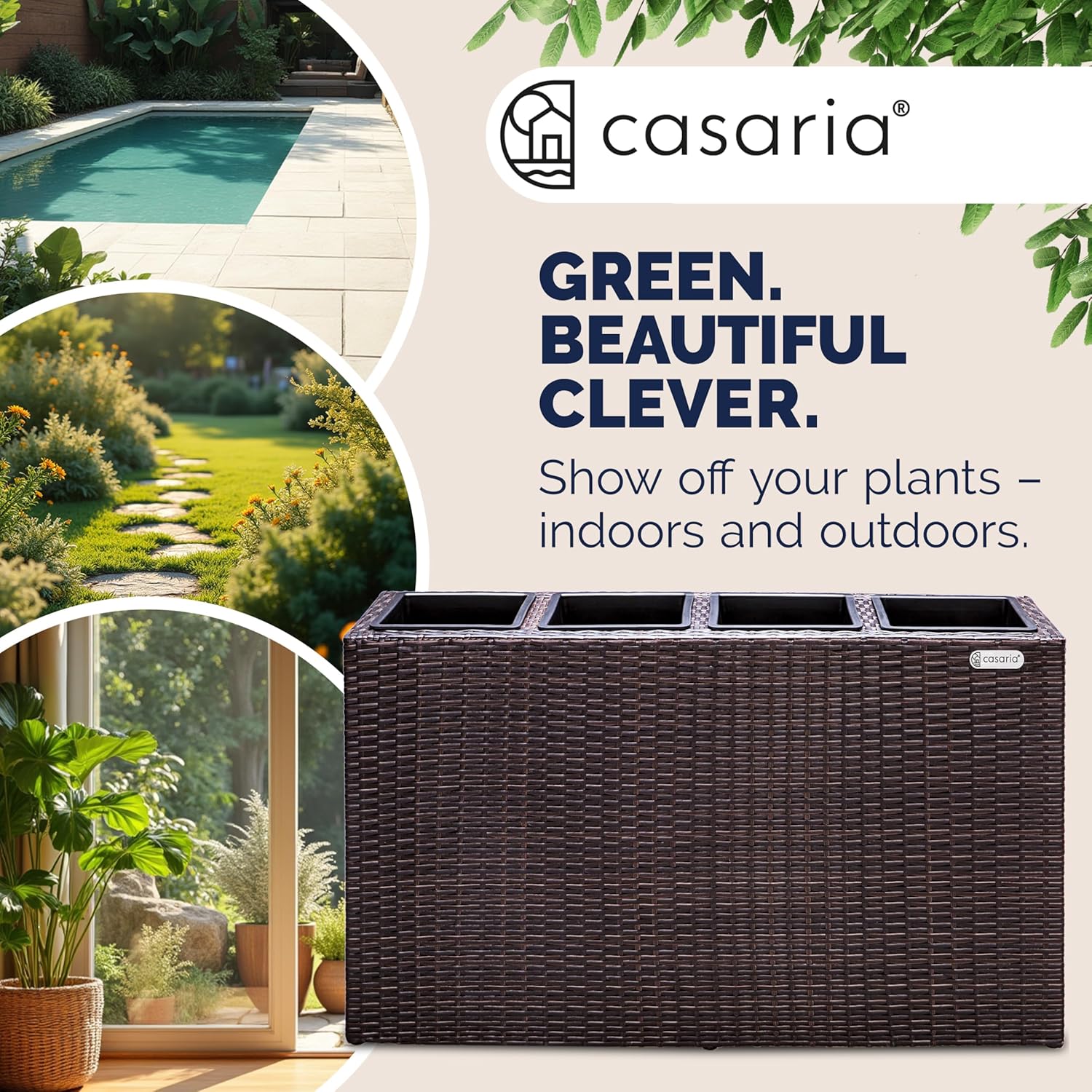 Large Tall Rattan Planter Box 95cm Brown with 4 Pots