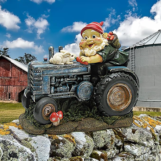Garden Gnome Statue Bunny Tractor Resin Lawn Decor Outdoor