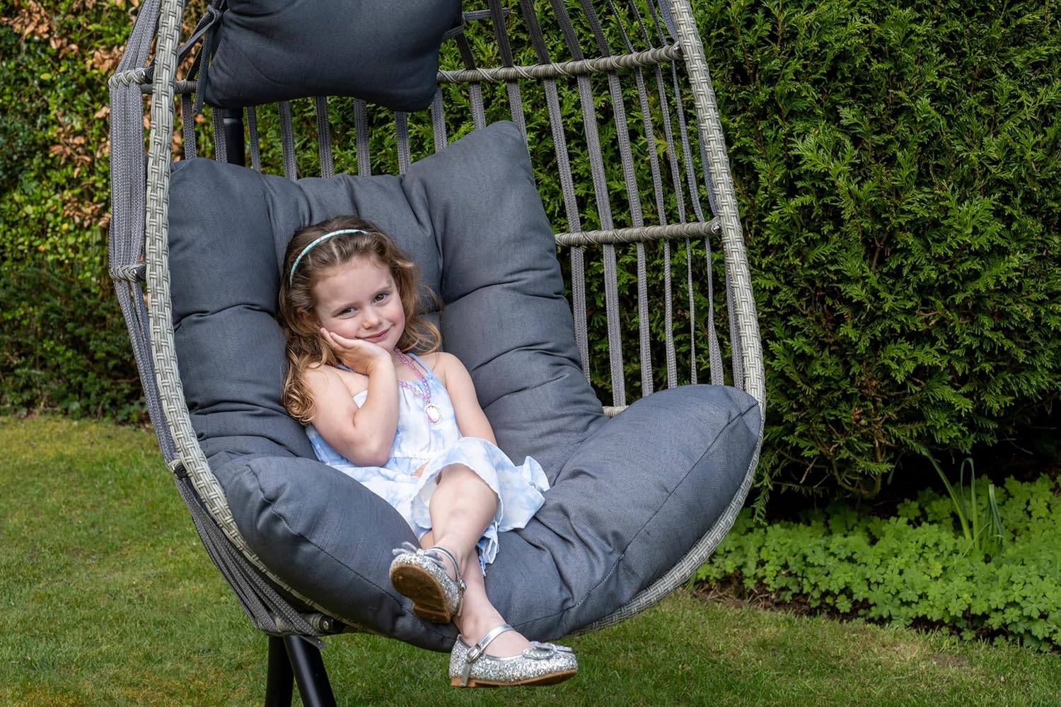 Hanging Egg Chair with Stand Grey Rattan Cushion Set