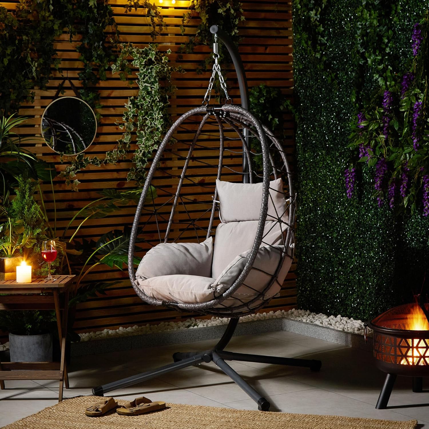 Hanging Egg Chair Grey Rattan Swing Stand Foldable Cushion