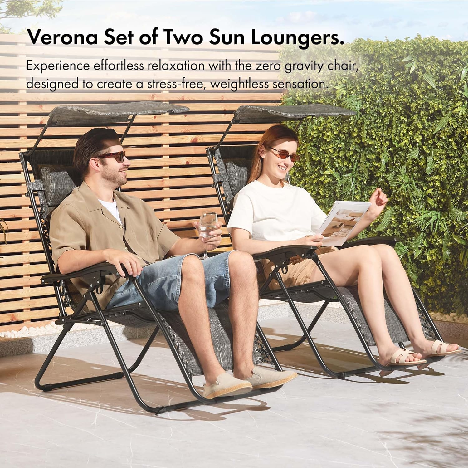 2 Zero Gravity Reclining Garden Chairs with Canopy Grey