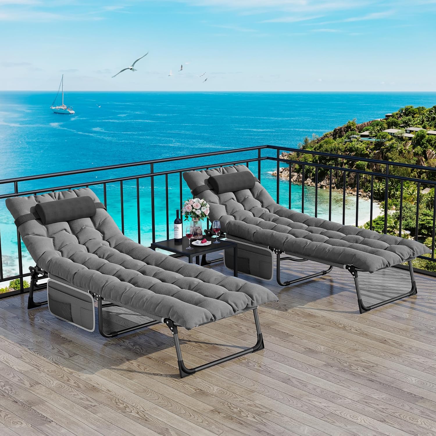 Folding Reclining Sun Lounger Bed with Cushion Grey