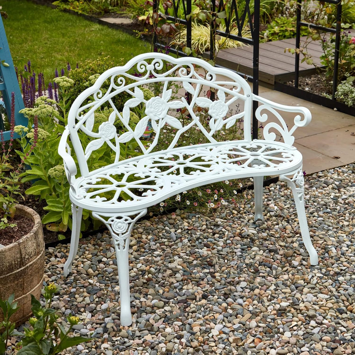 2 Seater Cast Iron Garden Bench Rose Back Patio Seat White