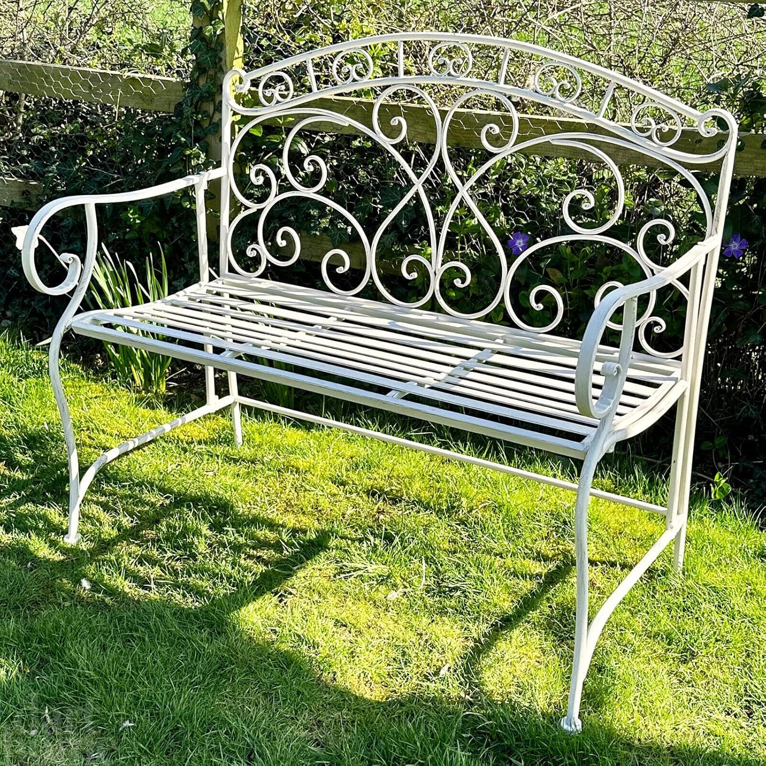 Vintage White Metal Garden Bench 2 Seater French Country Seat