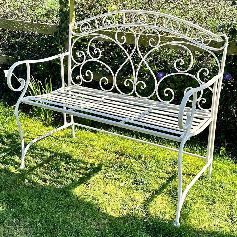 Vintage White Metal Garden Bench 2 Seater French Country Seat