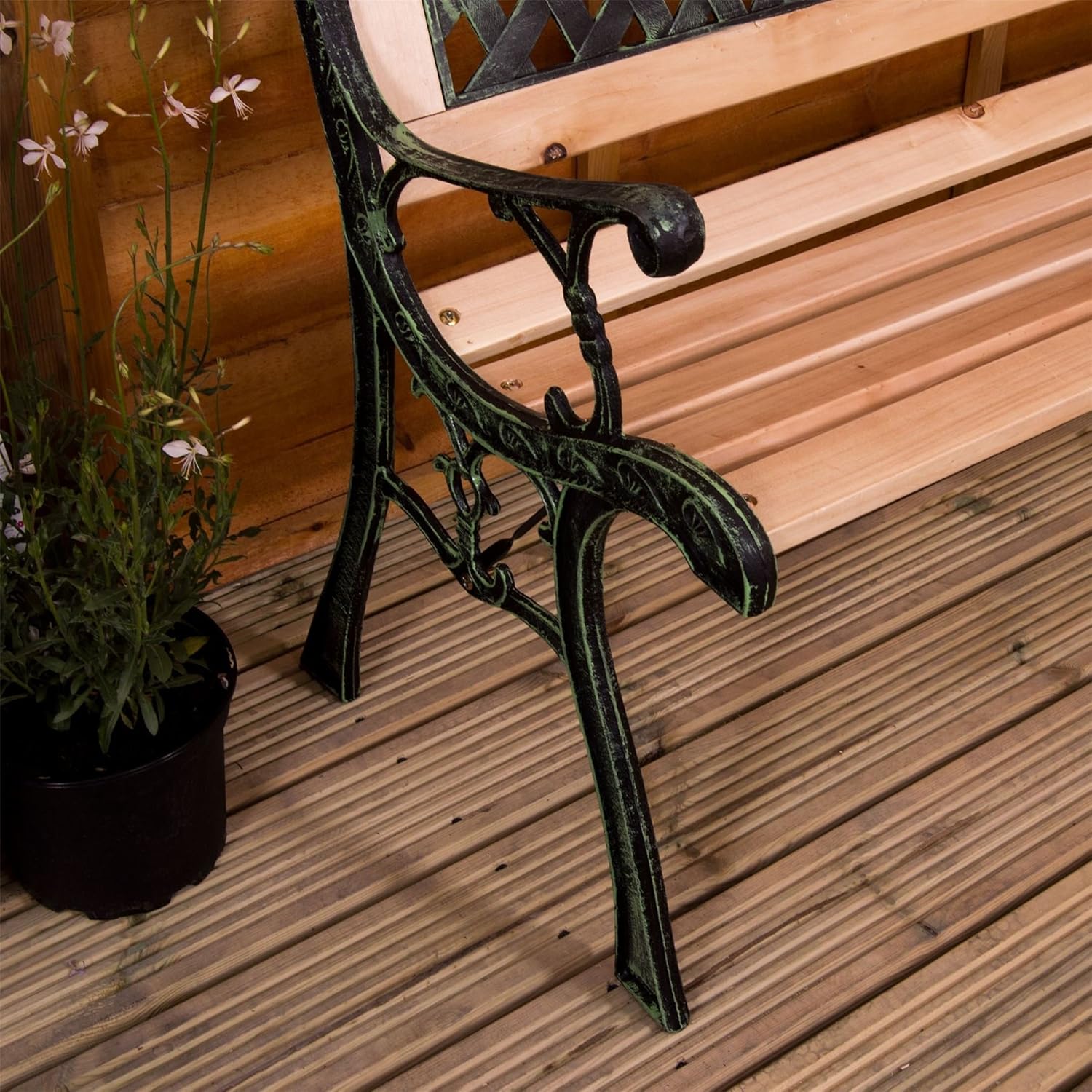 3 Seater Wooden Garden Bench Cast Iron Frame Cross Back Patio Seat
