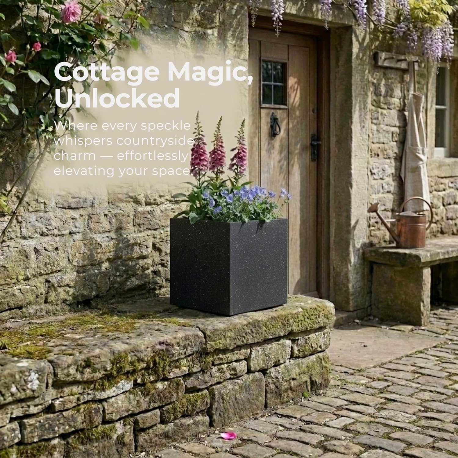 30cm Black Terrazzo Square Planter Stone Effect Garden Pot