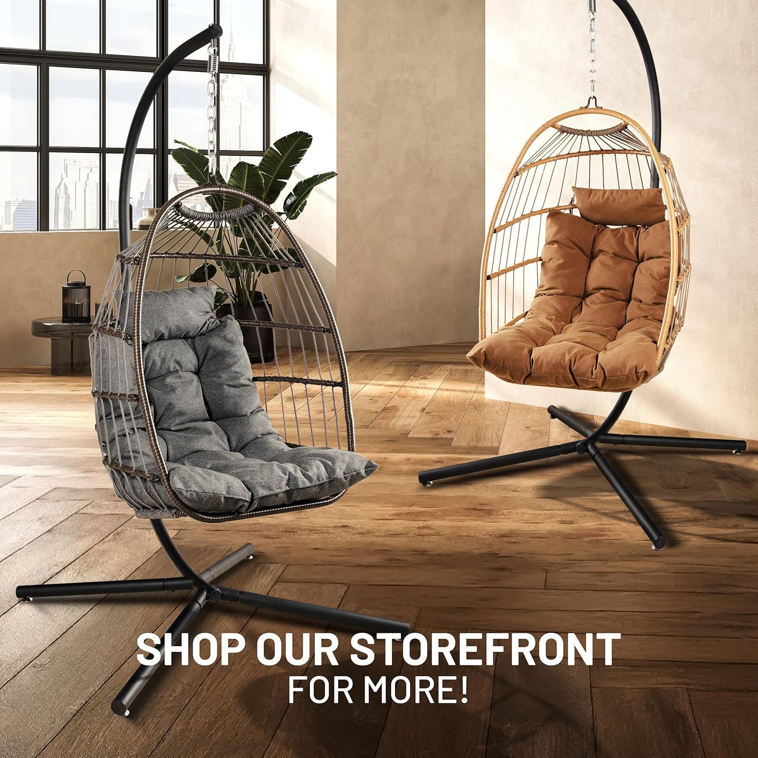 Foldable Hanging Egg Chair With Stand Cushion Deep Grey