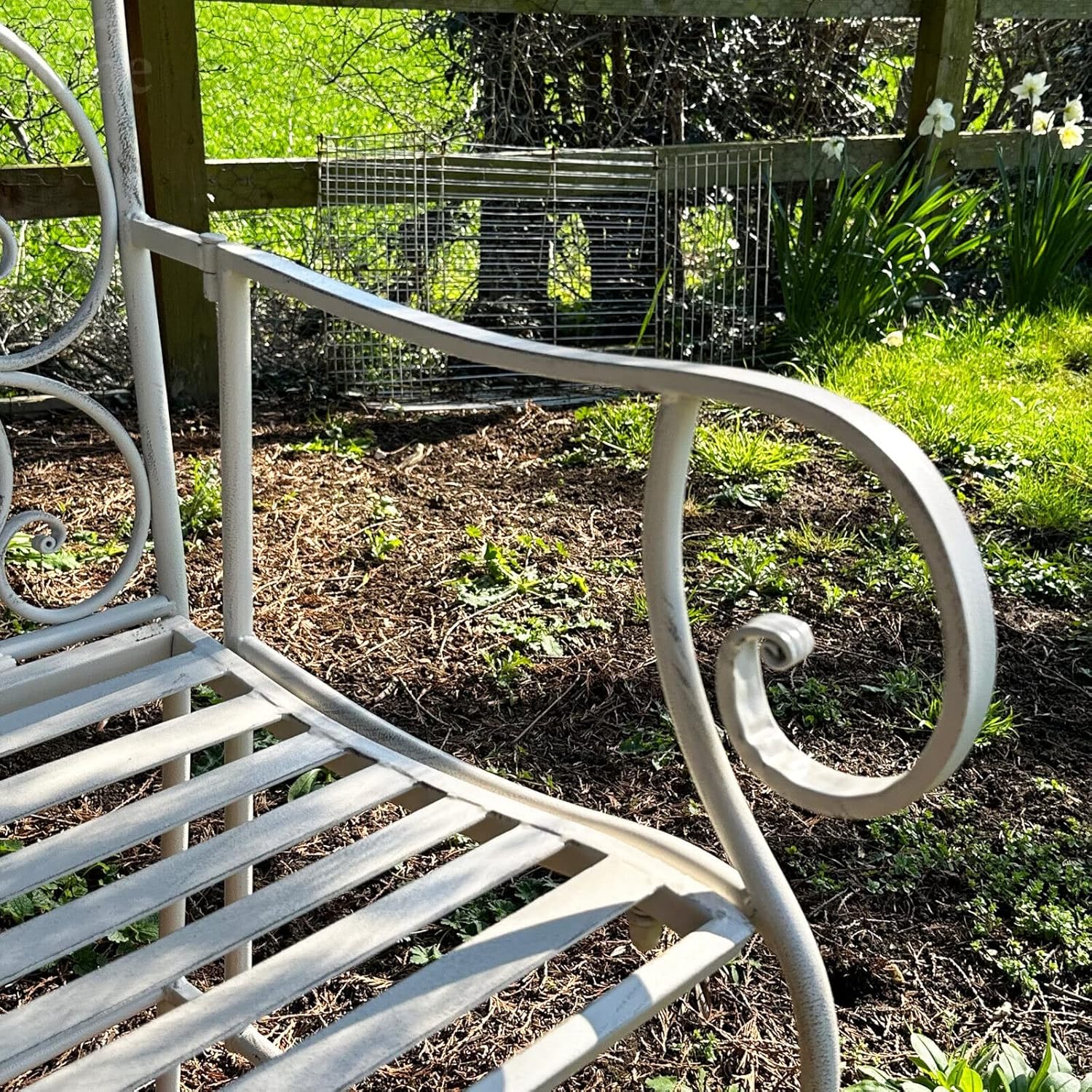 Vintage White Metal Garden Bench 2 Seater French Country Seat