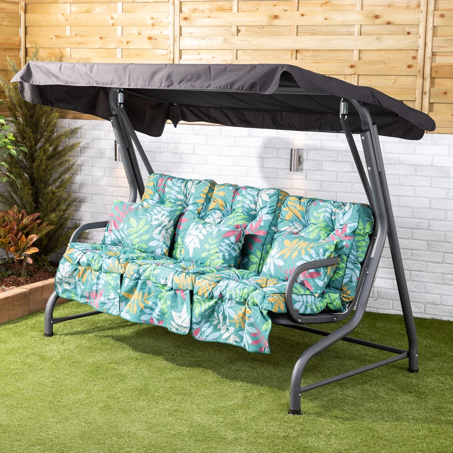 Outdoor 3 Seater Swing Bench Leaf Green Canopy Cushions 250kg