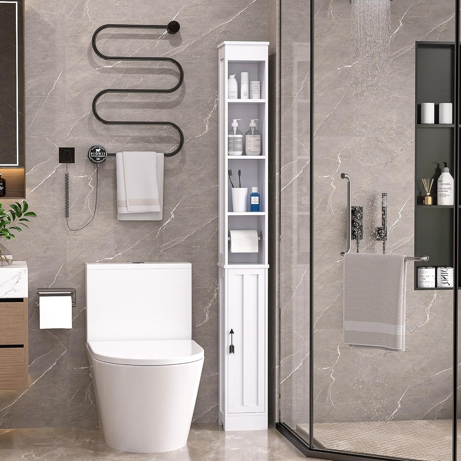 Slim Tall Bathroom Storage Cabinet 6 Shelf Cupboard White
