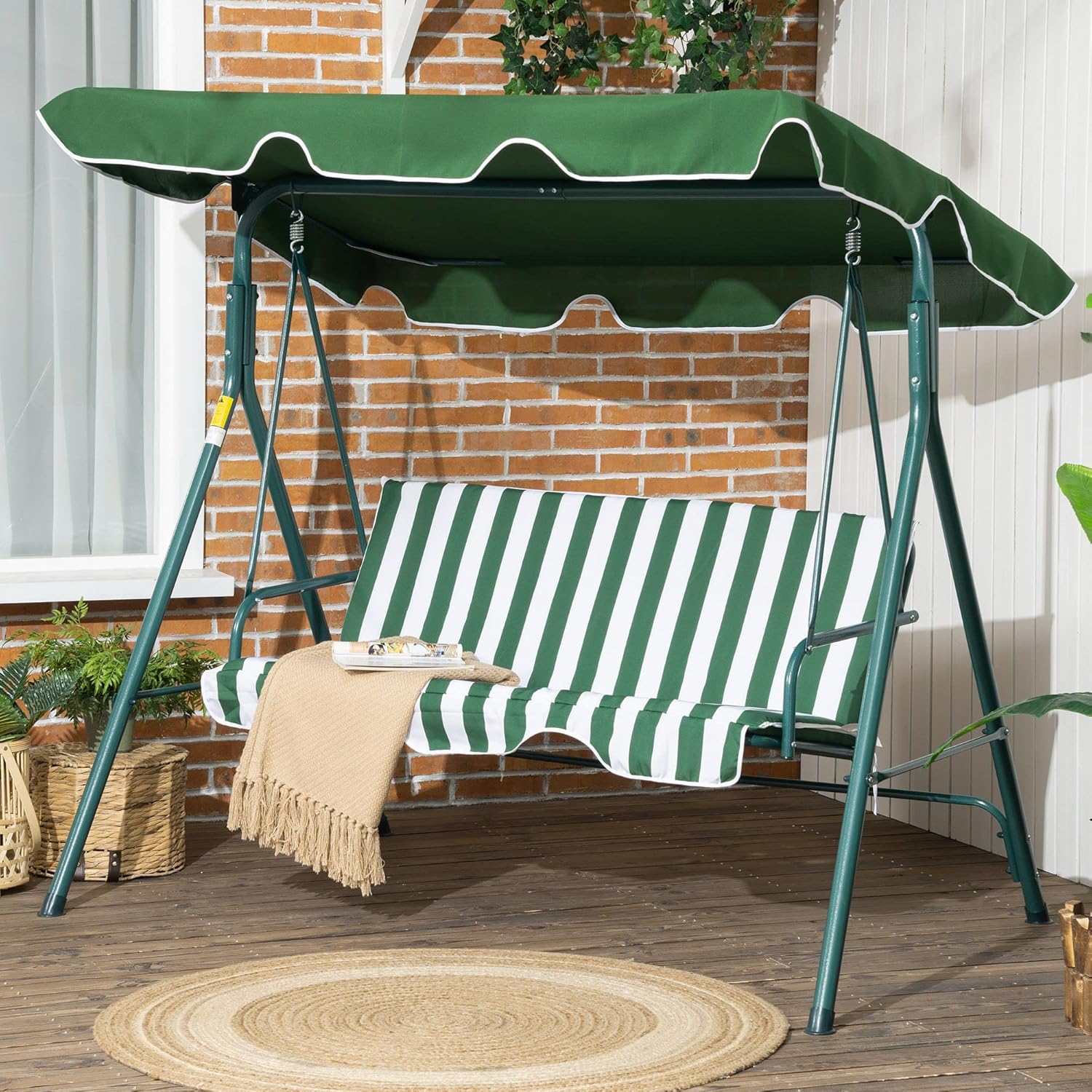 3 Seater Garden Swing Chair with Canopy Cushion Green