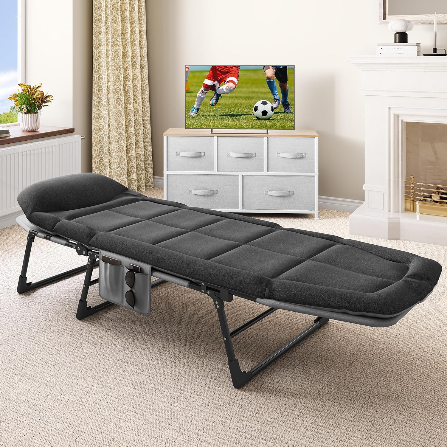 Folding Sun Lounger with Cushion Adjustable Portable Black 200cm