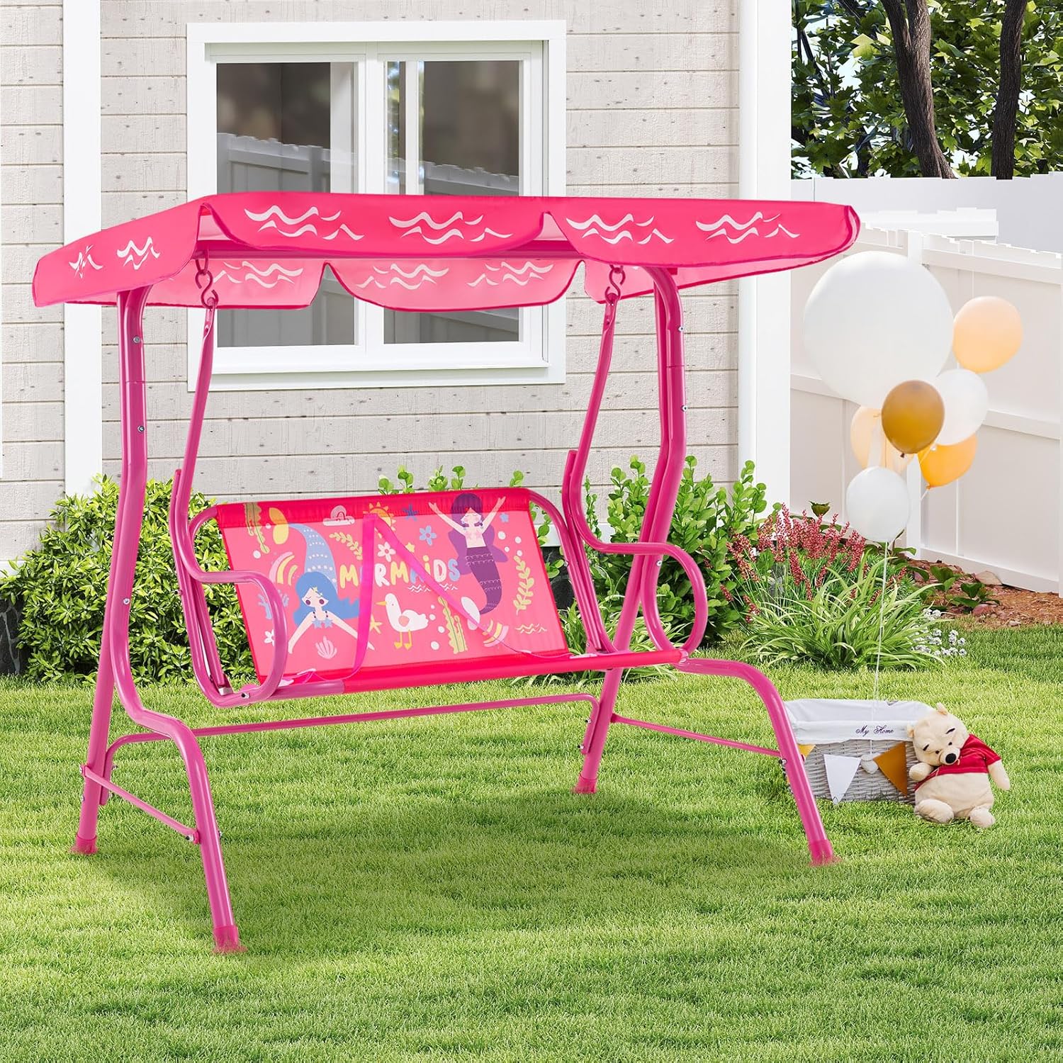 Kids 2 Seat Patio Swing Chair Pink Canopy Safety Belts Indoor Outdoor
