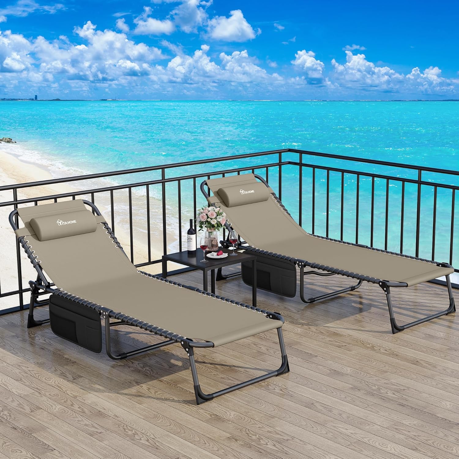 Folding Sun Lounger Khaki 4 Position Recliner