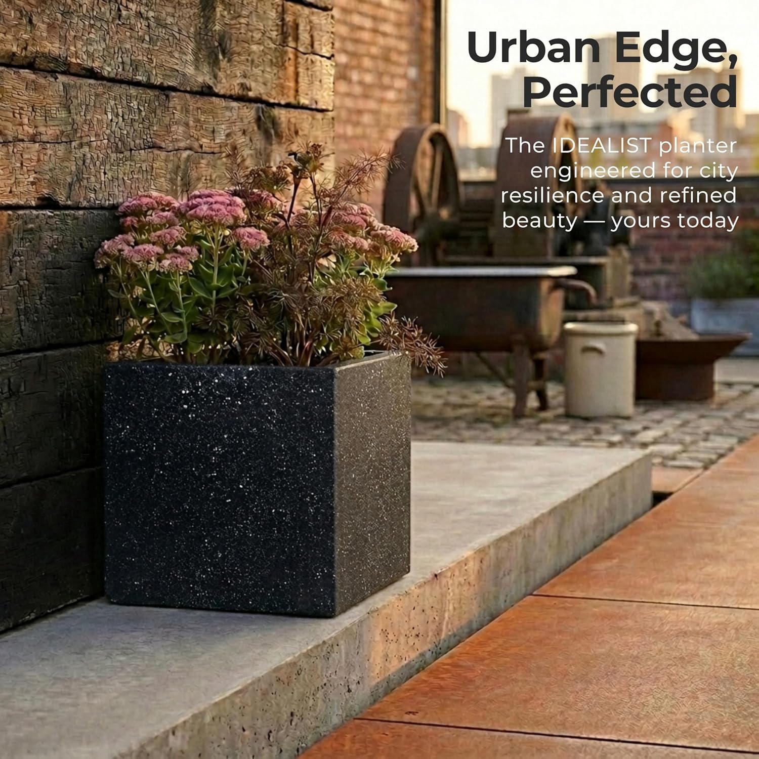 30cm Black Terrazzo Square Planter Stone Effect Garden Pot