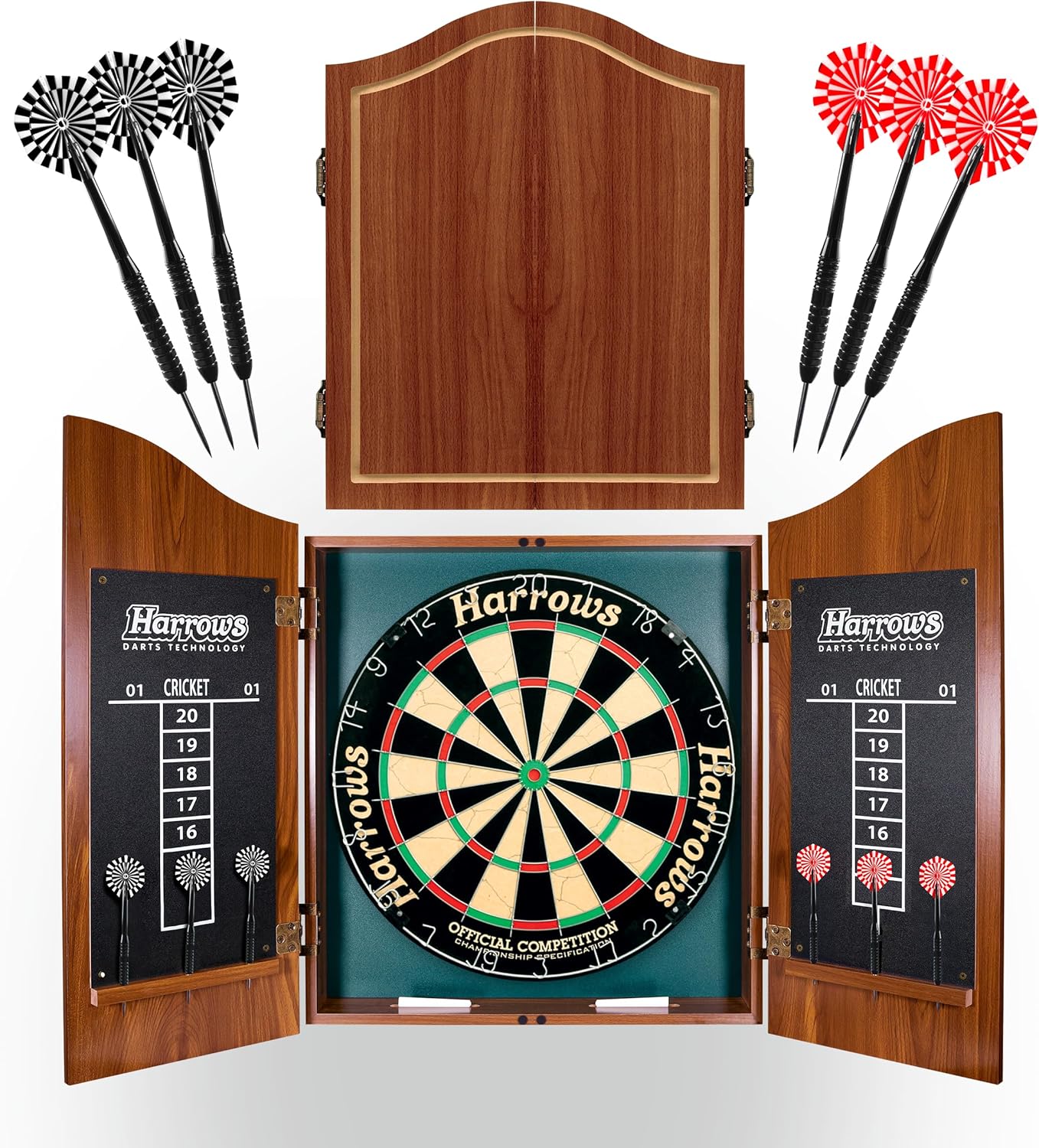 Dart Board Cabinet Set Wood Scoreboard 6 Steel Tip Darts Kit