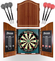 Dart Board Cabinet Set Wood Scoreboard 6 Steel Tip Darts Kit