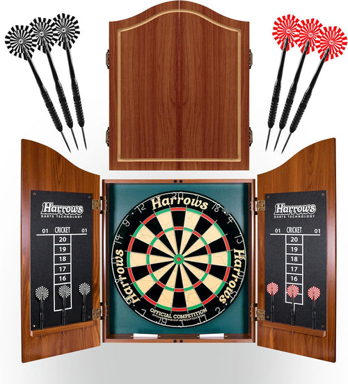 Dart Board Cabinet Set Wood Scoreboard 6 Steel Tip Darts Kit