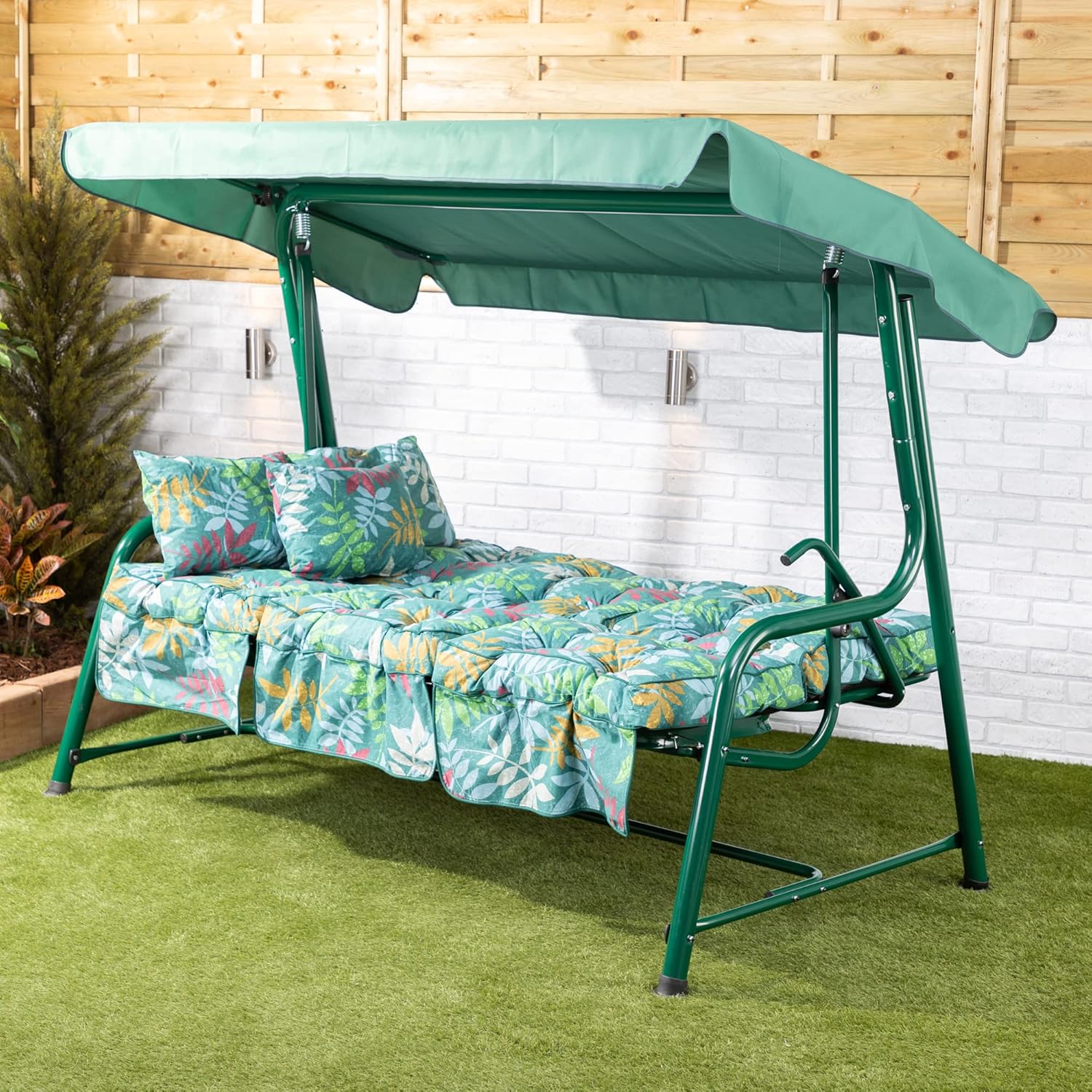 3 Seater Reclining Garden Swing Seat Green Canopy Cushions